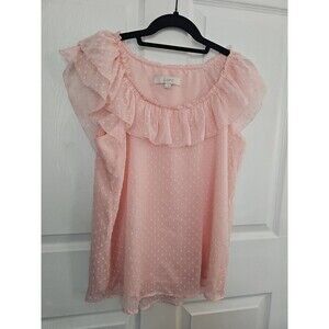 LOFT Women's Pink Swiss Dot Ruffle Cap Sleeve Lined Blouse Small